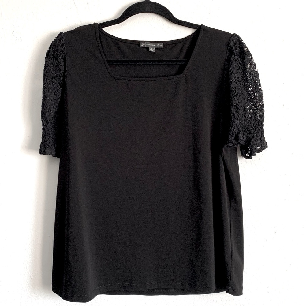 Adrianna Papell Square Neckline Lace Puff Short Sleeves Top